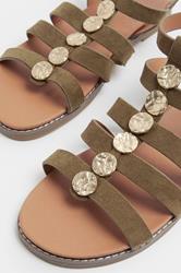 Khaki Green Hammered Disk Gladiator Sandals In Wide E Fit | Yours Clothing 5