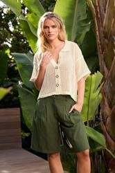 PixieGirl Petite Women's Khaki Green Linen Bermuda Shorts | PixieGirl 1