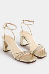 Gold Asymmetric Diamante Block Heel Sandals In Standard Fit | Yours Clothing 1