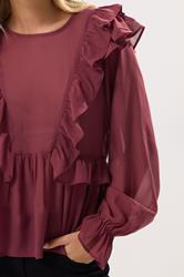 PixieGirl Petite Women's Burgundy Red Frill Shoulder Chiffon Blouse | PixieGirl 4