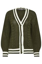 PixieGirl Petite Women's Khaki Green Contrast Cable Knit Cardigan | PixieGirl 5