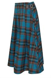 PixieGirl Petite Women's Brown & Blue Check Buckle Midi Skirt | PixieGirl 5