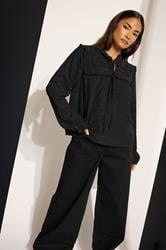PixieGirl Petite Women's Black Crinkle Crochet Tie Neck Blouse | PixieGirl 1