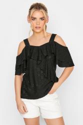 PixieGirl Black Broderie Anglaise Wrap Cold Shoulder Top | PixieGirl 1