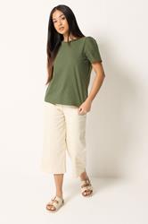 M&Co Petite Khaki Green Embroidered Sleeve Cotton T-Shirt | M&Co 1
