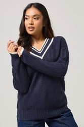 PixieGirl Petite Women's Navy Blue Contrast V-Neck Jumper | PixieGirl 2