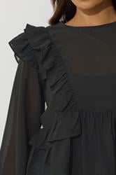 PixieGirl Petite Women's Black Frill Shoulder Chiffon Blouse | PixieGirl 5