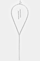 Silver Tone Diamante Long Necklace & Earrings Set | Yours Clothing 2