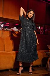PixieGirl Petite Womens Black Sequin Tie Back Midi Dress | PixieGirl 1