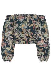 PixieGirl Petite Navy Blue Paisley Print Bardot Top | PixieGirl 5