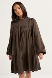 PixieGirl Petite Women's Chocolate Brown Button Smock Midi Dress | PixieGirl 1
