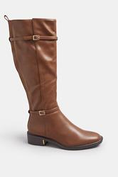 Brown Buckle Stretch Back Knee High Boots In Standard Fit | Yours Clothing 3