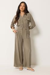 PixieGirl Petite Women's Stone Brown Acid Wash Wide Leg Jumpsuit | PixieGirl 1