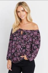 M&Co Petite Black & Purple Floral Print Tie Neck Top | M&Co 1