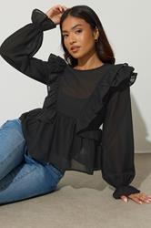 PixieGirl Petite Women's Black Frill Shoulder Chiffon Blouse | PixieGirl 6