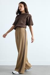 PixieGirl Petite Women's Mocha Brown Side Stripe Wide Leg Trousers | PixieGirl 1