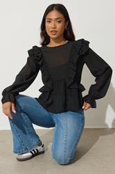 PixieGirl Petite Women's Black Frill Shoulder Chiffon Blouse | PixieGirl 2