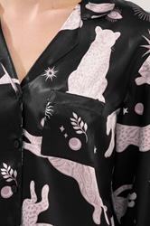 PixieGirl Petite Women's Black Graphic Satin Button Pyjama Set | PixieGirl 4