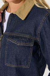 PixieGirl Petite Women's Indigo Blue Contrast Collar Trucker Jacket | PixieGirl 4