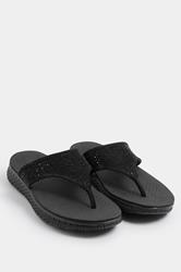 Black Diamante T-Bar Sandals In Wide E Fit