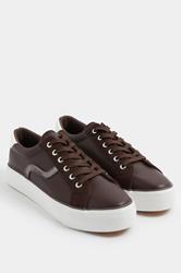 Chocolate Brown Faux Leather Trainers In Extra Wide EEE Fit