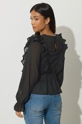 PixieGirl Petite Women's Black Frill Shoulder Chiffon Blouse | PixieGirl 4