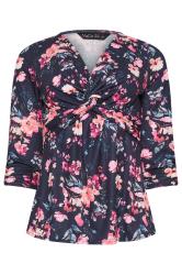M&Co Petite Navy Blue Floral Twist Front Top | M&Co 5