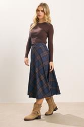 PixieGirl Petite Women's Brown & Blue Check Midaxi Skirt | PixieGirl 1