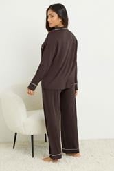 PixieGirl Petite Women's Brown Piped Long Sleeve Jersey Pyjama Set | PixieGirl 3