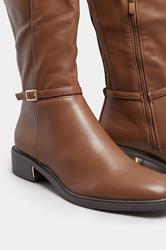 Brown Buckle Stretch Back Knee High Boots In Standard Fit | Yours Clothing 5