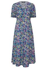 M&Co Petite Blue Ditsy Floral Puff Sleeve Dress