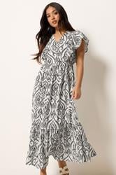 PixieGirl Petite Women's White Tile Print Tiered Maxi Dress | PixieGirl 2