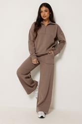 PixieGirl Petite Women's Mocha Brown Funnel Neck Half Zip Sweatshirt | PixieGirl  1