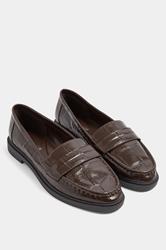 Chocolate Brown Croc Embossed Loafers In Wide E Fit | Yours Clothing 3