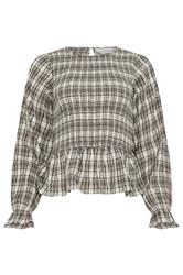 PixieGirl Petite Women's Brown Check Shirred Long Sleeve Top | PixieGirl 6