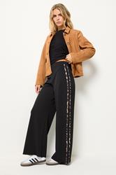 PixieGirl Petite Womens Black Leopard Print Side Stripe Wide Leg Trousers | PixieGirl 1