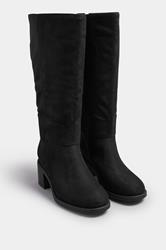 Black Faux Suede Block Heel Knee High Boots In Wide E Fit & Extra Wide EEE Fit | Yours Clothing 2