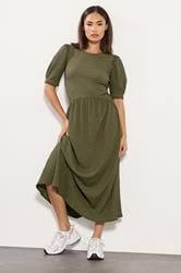 PixieGirl Petite Womens Olive Green Textured Midi Dress | PixieGirl 1