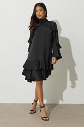 PixieGirl Petite Women's Black Hammered Satin Frill Smock Dress | PixieGirl 2