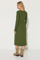PixieGirl Petite Women's Khaki Green Ribbed Button Midaxi Dress | PixieGirl 3