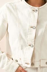 PixieGirl Petite Women's Cream Denim Contrast Stitch Collarless Jacket | PixieGirl 4