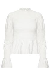 PixieGirl Petite Women's White Shirred Peplum Smock Top | PixieGirl 6