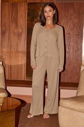 PixieGirl Petite Women's Camel Brown Ribbed Wide Leg Trousers | PixieGirl 1