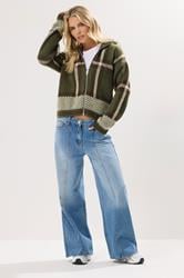 PixieGirl Petite Women's Green Knitted Check Zip Cardigan | PixieGirl 2