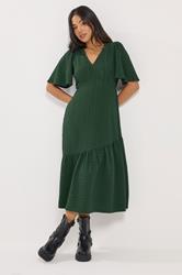 PixieGirl Petite Women's Dark Green Crinkle Tiered Midi Dress | PixieGirl 3