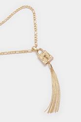 Gold Tone Long Padlock Tassel Necklace | Yours Clothing 3