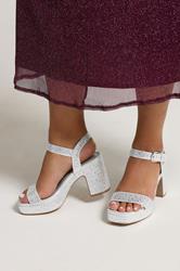 Silver Diamante Platform Block Heels In Wide E Fit | Yours Clothing 1