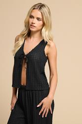 PixieGirl Petite Women's Black Tie Front Crochet Top | PixieGirl 1