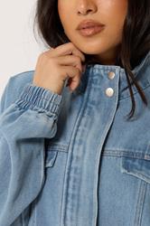 PixieGirl Petite Women's Mid Blue Funnel Neck Denim Trucker Jacket | PixieGirl 4