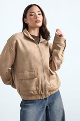 PixieGirl Petite Women's Natural Brown Faux Suede Bomber Jacket | PixieGirl 1